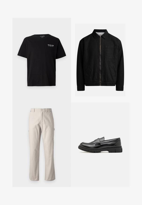 Zwarte zip-up jas met een kraag, één borstzak, twee zijzakken en een zachte, gestructureerde binnenvoering.; Zwarte katoenen T-shirt met korte mouwen en witte tekst "J&J since 1990 Society Club" op de bovenste linkerborst en een ronde hals.; Beige cargobroek van stevig katoen met rechte pijpen, voorknopsluiting en zijzakken voor gebruiksgemak. Gladde textuur met subtiele stiksels.; Zwarte leren instapper met een brede band over de voet, rubberen zool met dikke noppen en een gladde textuur. Klassiek, strak ontwerp.