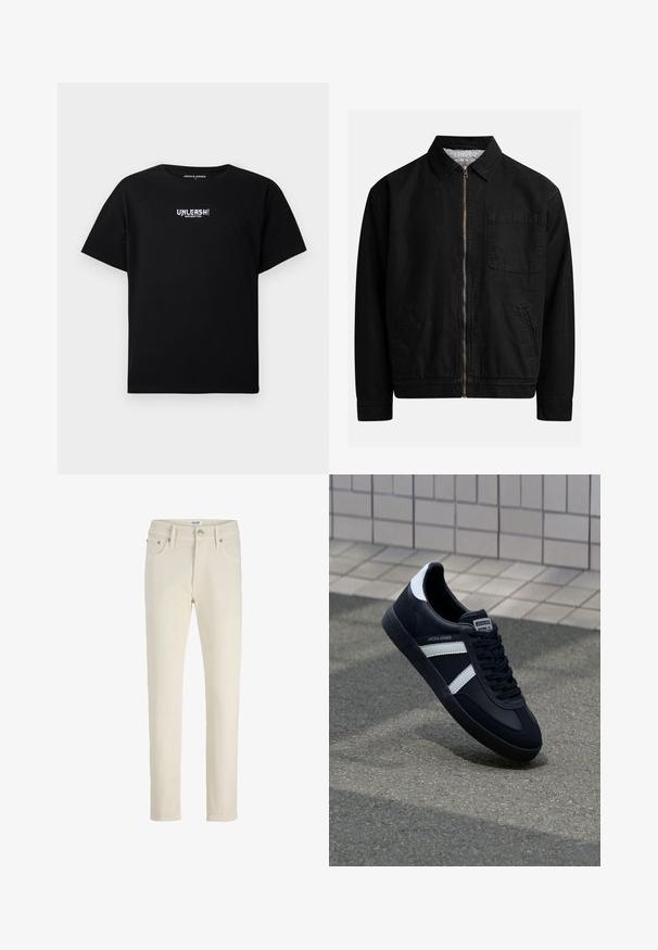 Veste zippée noire avec un col, une poche poitrine, deux poches latérales et une doublure intérieure douce et texturée.; T-shirt noir en coton avec des manches courtes et un col rond. L'avant possède un texte graphique blanc "UNLEASH!" imprimé au centre.; Pantalon en denim beige avec coupe droite, cinq poches, bouton en métal et texture subtile. Style simple et polyvalent.; Sneaker en cuir noir avec des rayures blanches, semelle en caoutchouc texturée et devant à lacets. Présente une étiquette de marque sur la languette.