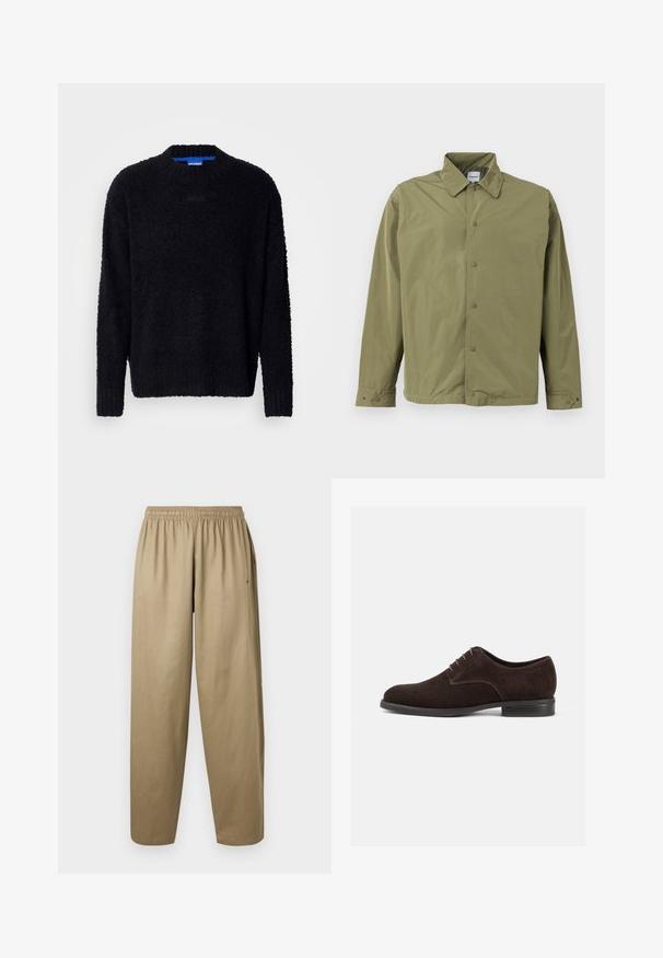 Lys olivgrøn jakke med krave, trykknaplukning foran, lange ærmer og justerbare knapmanchetter.; Sort sweater lavet af tekstureret strikket stof, med rund halsudskæring, lange ærmer og ribbestrikkede manchetter og kant. Subtil branding på brystet.; Løse khakibukser med elastisk talje og sidelommer, vist mod en ensfarvet hvid baggrund.; Brune ruskinds dressko med rund tå, subtil syning, seks øskner og en lav, stablet hæl. Glat tekstur og minimalistisk design.