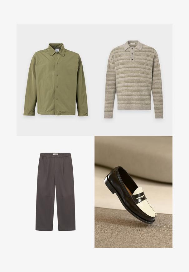 Leichte olivgrüne Jacke mit Kragen, durchgehendem Druckknopfverschluss, langen Ärmeln und verstellbaren Knopfmanschetten.; Hellgrüner und grauer gestreifter Pullover mit Polokragen, vier Knöpfen sowie gerippten Bündchen an Ärmeln und Saum. Gefertigt aus strukturiertem Strickmaterial.; Graue, weite Hosen aus glattem Stoff, mit einem Knopfverschluss und zwei seitlichen Taschen. Einfaches, klares Design ohne sichtbare Muster.; Schwarze Lederloafer mit einem cremefarbenen Schaft und schwarzen Akzentstreifen, ausgestattet mit einem niedrigen Absatz und detaillierter Naht entlang der Kanten.