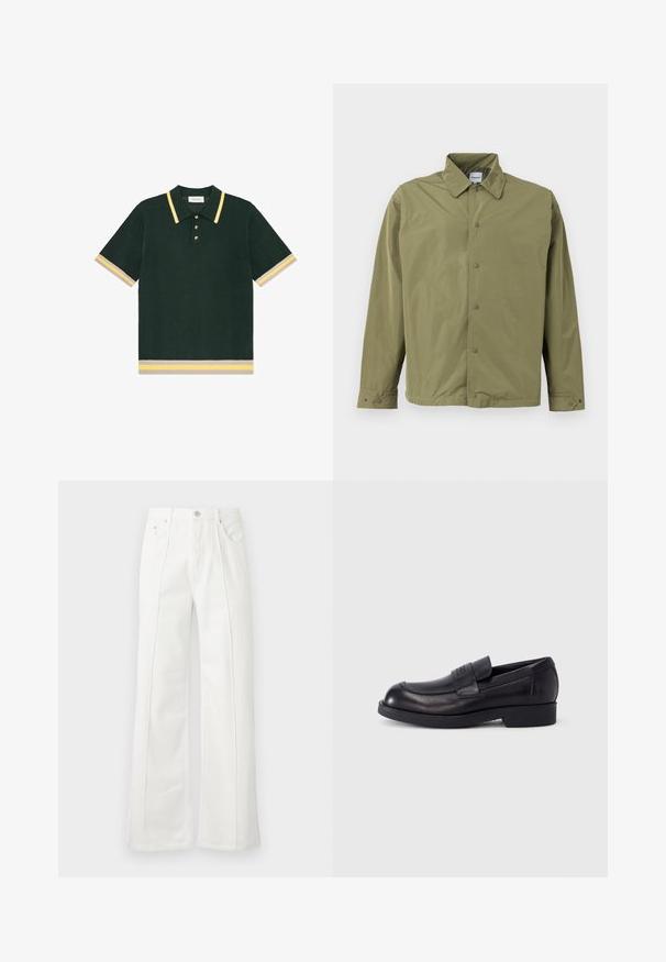 Veste légère vert olive avec col, fermeture à boutons-pression, manches longues et poignets ajustables à boutons.; Polo en maille vert foncé à manches courtes avec des rayures jaunes et beiges sur le col, les poignets et l'ourlet, avec trois boutons à la patte de boutonnage.; Pantalon blanc taille haute à jambes larges avec coutures devant, passants de ceinture, fermeture par bouton et poches latérales sur fond uni.; Mocassin en cuir noir avec petit talon et bride sur le dessus, logo embossé sur la bride, présenté de profil sur fond blanc.