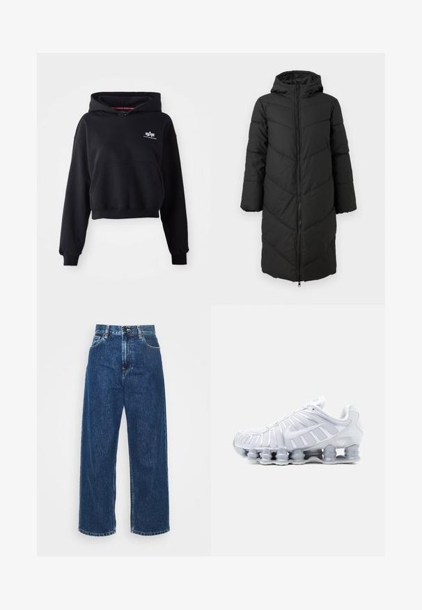 Zwarte lange pufferjas met een rits aan de voorkant, capuchon en een chevronpatroon. Heeft brede mouwen en een gladde, geïsoleerde textuur.; Zwarte crop hoodie van zachte stof, met een voorkant zak, trekkoord capuchon en een klein wit logo op de borst.; Lichtblauwe denim wijde broek met hoge taille, zichtbare stiksels en standaard zakken. Voorzien van een knoop- en ritssluiting.; Witte sportieve sneaker met een bovenwerk van mesh, gelaagde panelen, Nike-swoosh en een kenmerkende veerachtige, gesegmenteerde zool voor demping en ondersteuning.