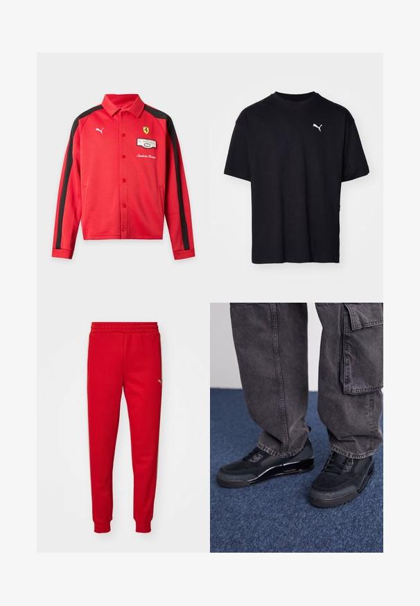 Punane pika varrukaga Puma jakk mustade triipudega varrukatel, Ferrari logo rinnal, trukkidega ja taskutega ees.; Must ärav t-särk lühikeste varrukatega, ümmargune kaelus ja valge Puma logo vasakul ülaosas rinnal. Klassikaline lõige, sile tekstuur.; Punased spordipüksid, mis on valmistatud pehmest kangast, elastse vöökoha, kitsenevate säärte ja vasakul küljel kuldse logoga. Sile tekstuur.; Mustad mustrennijalats, millel on tekstuuriga pind, silejad aktsentid ja paks tald, koos tumedate, lahtiste cargo-pükstega.