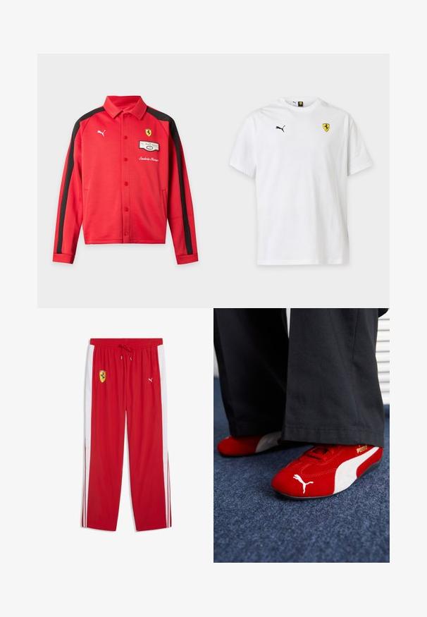 Κόκκινο μπουφάν Puma με μακριά μανίκια και μαύρες ρίγες στα μανίκια, λογότυπο Ferrari στο στήθος, πατιλέτες με κουμπιά και μπροστινές τσέπες.; Λευκό μπλουζάκι Puma με κοντά μανίκια που διαθέτει μικρό μαύρο λογότυπο Puma στην αριστερή πλευρά του στήθους και κίτρινη ασπίδα Ferrari στη δεξιά πλευρά του στήθους.; Κόκκινο παντελόνι φόρμας με λευκές πλαϊνές ρίγες, λογότυπο Ferrari στο αριστερό μηρό και λογότυπο Puma στο δεξί μηρό, ελαστική μέση με κορδόνι.; Κόκκινα σουέτ αθλητικά παπούτσια με λευκές λεπτομέρειες, που διαθέτουν υφασμάτινη υφή, στρογγυλή μύτη και χρυσό λογότυπο στο πλάι, φορώντας μαύρο παντελόνι.