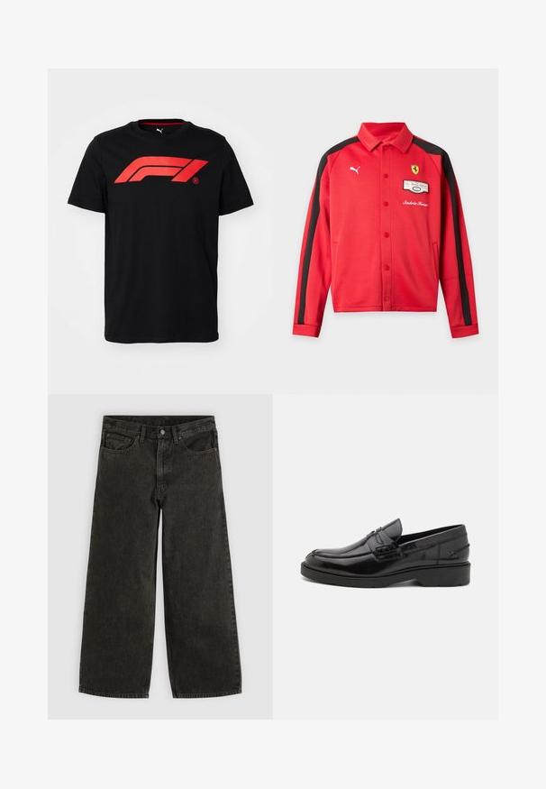 Červená bunda Puma s dlhým rukávom s čiernymi pruhmi na rukávoch, logo Ferrari na hrudi, patentkami a prednými vreckami.; Čierne bavlnené tričko s veľkým červeným logom Formula 1 na prednej strane. Okrúhly výstrih a krátke rukávy, hladká textúra.; Čierne džínsové nohavice s širokými nohavicami, predným gombíkom a zipsom, pútkami na opasok a piatimi vreckami, položené na bielom pozadí.; Čierne kožené mokasíny s hladkým povrchom, zaoblenou špičkou, nízkym podpätkom a dekoratívnym prešívaním na prednej strane. Gumová podrážka pre lepšiu priľnavosť.