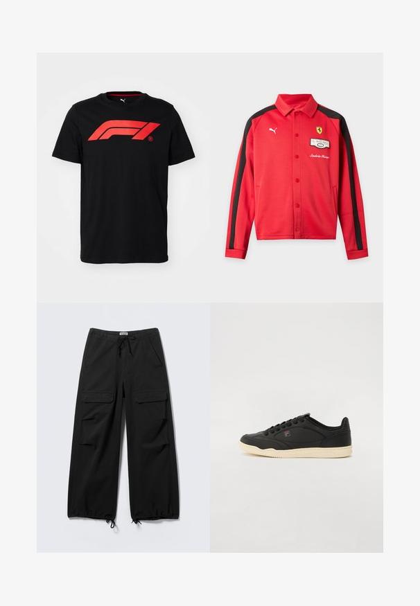 Chaqueta roja de manga larga de Puma con rayas negras en las mangas, logo de Ferrari en el pecho, botones a presión y bolsillos delanteros.; Camiseta de algodón negra que presenta un gran logo rojo de Fórmula 1 en el frente. Cuello redondo y mangas cortas, textura suave.; Pantalones cargo negros de pierna ancha con bolsillos delanteros con solapa, cintura con cordón ajustable y cordones en los bajos para ajustar.; Zapatillas de cuero negro de corte bajo con suela de goma crema, que presentan una superficie texturizada y cordones negros. Acento del logo cerca de la lengüeta.