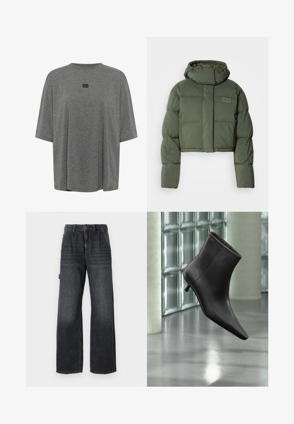 Veste matelassée raccourcie, olive, avec un col montant et des poches zippées. Elle présente un design matelassé et un logo discret sur le devant.; T-shirt oversize gris en tissu doux. Présente un col rond, des manches courtes et un logo subtil au centre.; Jean large en denim gris foncé, avec une taille haute, des poches avant et un léger délavage sur les cuisses. Détail de couture contrastée.; Bottine en cuir noir avec bout pointu et petit talon, présentée devant un mur en blocs de verre et un sol poli.