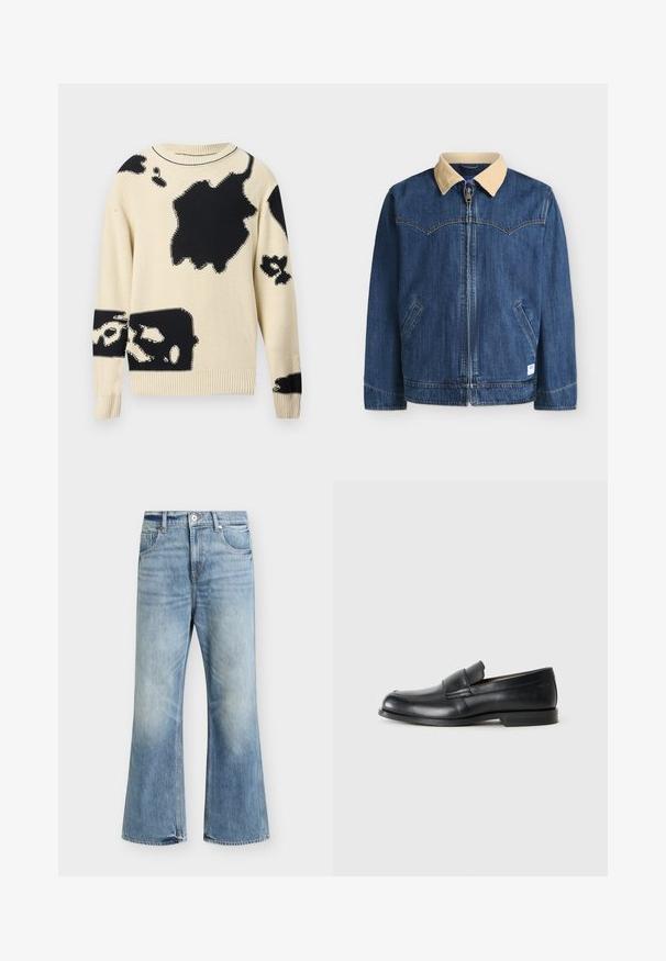 Veste en jean bleue avec col en velours côtelé beige, fermeture éclair devant, deux poches en biais et coutures contrastées sur fond blanc.; Pull en maille crème à manches longues avec des grandes taches abstraites noires irrégulières dispersées sur le devant et les manches.; Jean bleu clair taille haute jambe large, fermeture devant par bouton et zip, deux poches avant et délavage subtil sur les cuisses et les genoux.; Mocassins en cuir noir avec un bout rond, des détails cousus et une semelle en caoutchouc plate. Présentent une large bande sur le cou-de-pied.