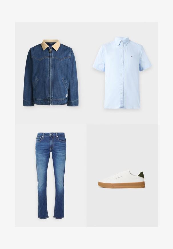 Blå denimjakke med beige kordfløjls-krave, lynlås foran, to skrå lommer og kontrastsyninger på hvid baggrund.; Lyseblå kortærmet skjorte med knapper lavet af bomuld. Har en klassisk krave og et lille logo på brystet. Glat tekstur.; Blå denim jeans med falmede effekter, frontknap og lynlås, og femlomme-stil mod en ensartet hvid baggrund.; Hvide lavtop sneakers med brun gummisål, grøn hæltab og "Tommy Hilfiger" logo på siden.