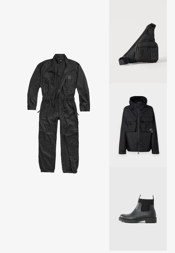 Veste zippée noire avec capuche, dotée de deux poches avant sur la poitrine, d'un label sur la poche gauche et d'une texture lisse et brillante.; Brandit BRANDIT HERREN EINSATZKOMBI - Combinaison - black; Bottines noires en caoutchouc avec une finition mate, présentant un design épuré, des panneaux élastiques et une semelle épaisse pour une meilleure traction.; Sac bandoulière noir Calvin Klein avec bandoulière ajustable, poche avant zippée et motif logo discret sur un fond uni.