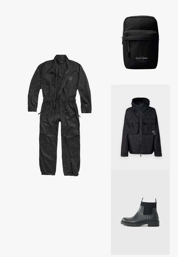 Zwarte zip-up jas met een capuchon, met twee voorzakken op de borst, een label op de linker zak en een gladde, glanzende textuur.; Brandit BRANDIT HERREN EINSATZKOMBI - Jumpsuit - black; Zwarte enkelboots van rubber met een matte afwerking, voorzien van een slank ontwerp, elastische panelen en een chunky zool voor grip.; Zwarte Calvin Klein crossbodytas met voorvak met ritssluiting, geperst "cK" logo en wit geborduurde merknaam.