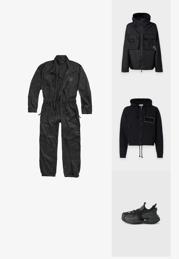 Zwarte zip-up jas met een capuchon, met twee voorzakken op de borst, een label op de linker zak en een gladde, glanzende textuur.; Brandit BRANDIT HERREN EINSATZKOMBI - Jumpsuit - black; Zwarte cropped hoodie met rits, voorzien van een trekkoordcapuchon en voorzakken. Versierd met "BLUE" in kralen en een pluchen textuur op de borst.; Emporio Armani Sneakers laag - black