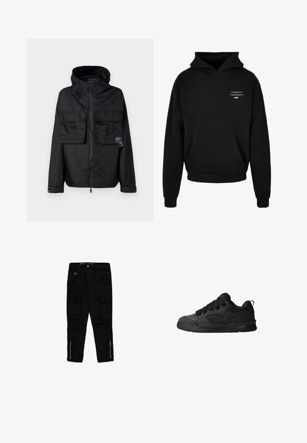 Zwarte zip-up jas met een capuchon, met twee voorzakken op de borst, een label op de linker zak en een gladde, glanzende textuur.; Zwarte hoodie gemaakt van zachte stof, met een kangoeroezak, ribgebreide manchetten en een kleine grafische print op de borst.; Zwarte cargo broeken van katoen, met zijzakken, ritsaccenten bij de enkels en een regular-fit ontwerp.; Zwarte sneakers met een gestructureerde bovenkant, voorzien van veters, mesh-details voor ademend vermogen, een gevoerd kraagje en een stevige zool.