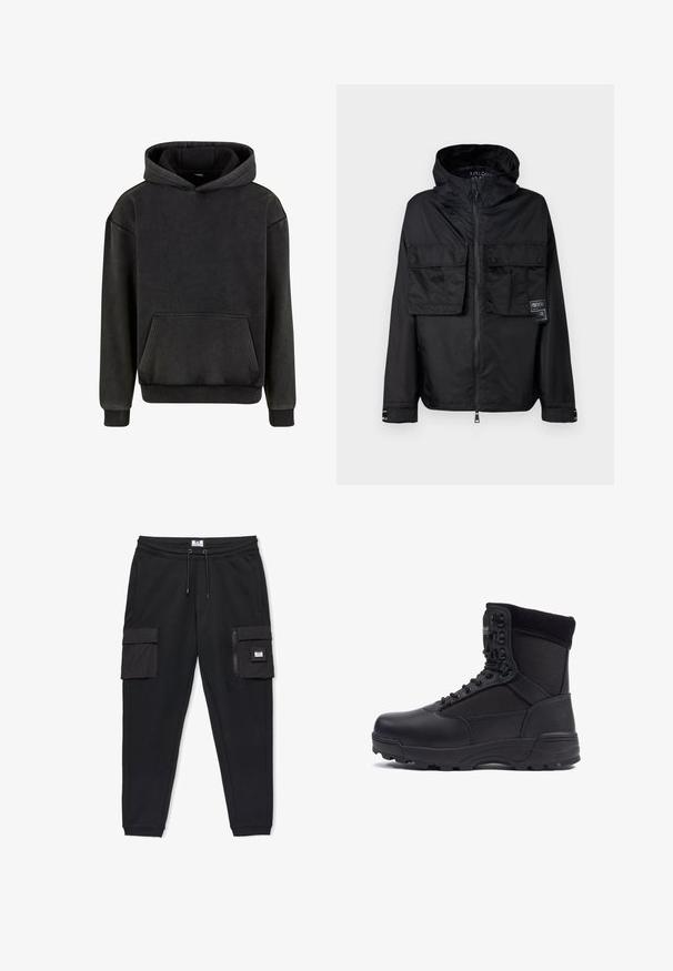 Schwarze Zip-Jacke mit Kapuze, ausgestattet mit zwei vorderen Brusttaschen, einem Label auf der linken Tasche und einer glatten, glänzenden Textur.; Urban Classics Kapuzenpullover - magnet; Schwarze, zulaufende Jogginghosen mit elastischem Bund, Kordelzug, zwei Seitentaschen sowie Cargo-Taschen mit Reißverschluss und Klappe an den Oberschenkeln.; Schwarzer taktischer Stiefel mit einem glatten Lederoberteil und Stoffpaneelen, hoher Knöchelgestaltung, schnürbarem vorderen Teil und robustem Gummisohle.