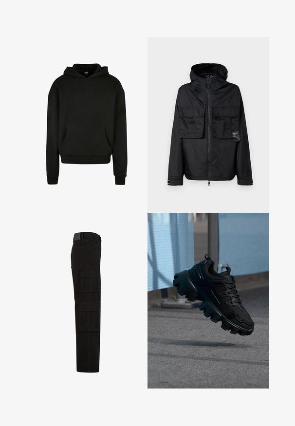 Veste zippée noire avec capuche, dotée de deux poches avant sur la poitrine, d'un label sur la poche gauche et d'une texture lisse et brillante.; Sweatshirt à capuche noir fabriqué en tissu doux, avec une poche avant, des poignets côtelés et une coupe décontractée.; Pantalon cargo noir avec plusieurs grandes poches à rabat, passants de ceinture, et une coupe droite, vu de côté.; Baskets noires épaisses avec semelle à crampons épais flottant au-dessus d'un trottoir gris, sur un fond bleu clair et gris flou.