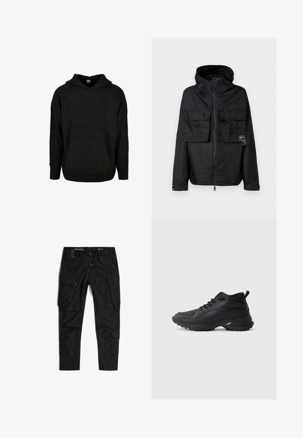 Zwarte zip-up jas met een capuchon, met twee voorzakken op de borst, een label op de linker zak en een gladde, glanzende textuur.; Zwarte geribbelde gebreide hoodie met een voorzak en een capuchon met trekkoord. Heeft een losse fit en een gestructureerd patroon op de stof.; G-STAR TOOLBOX - Cargobroek - dk black; Zwarte sportschoenen gemaakt van synthetisch materiaal. Voorzien van een gevoerde kraag, ronde neus, stevige buitenzool met grip en merkembleem.