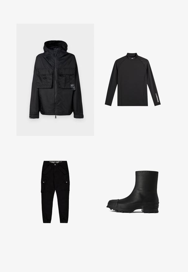 Zwarte zip-up jas met een capuchon, met twee voorzakken op de borst, een label op de linker zak en een gladde, glanzende textuur.; Zwart sporttopje met lange mouwen, opstaande kraag, slim fit en witte "J.Lindeberg"-logo op linkerarm en kraag.; Zwarte cargobroek van katoen, met meerdere zakken, een aansluitend ontwerp en elastische manchetten bij de enkels.; CAMPERLAB TRAKTORI - Lage laarzen - schwarz