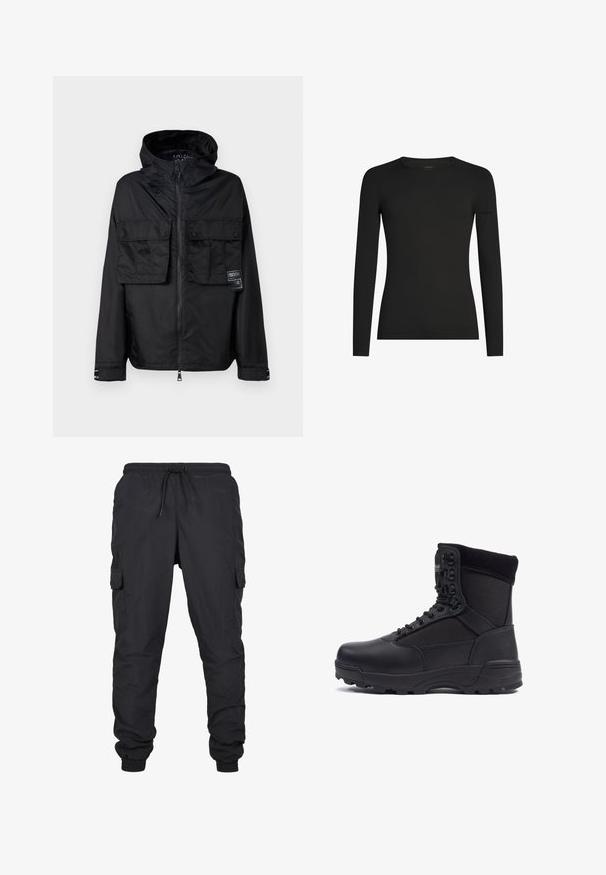Schwarze Zip-Jacke mit Kapuze, ausgestattet mit zwei vorderen Brusttaschen, einem Label auf der linken Tasche und einer glatten, glänzenden Textur.; Schwarzes, langärmeliges, figurbetontes T-Shirt mit Rundhalsausschnitt und dezentem Icebreaker-Logo auf dem linken Ärmel, dargestellt vor weißem Hintergrund.; Schwarze Cargo-Hosen mit elastischem Bund und Kordelzug, ausgestattet mit seitlichen Taschen und gerippten Säumen. Hergestellt aus leichtem, strapazierfähigem Stoff.; Schwarzer taktischer Stiefel mit einem glatten Lederoberteil und Stoffpaneelen, hoher Knöchelgestaltung, schnürbarem vorderen Teil und robustem Gummisohle.