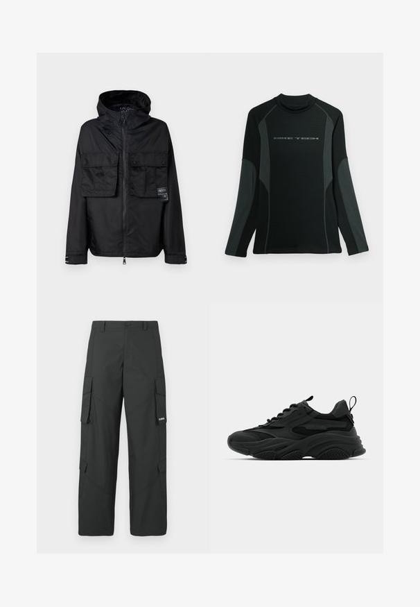 Veste zippée noire avec capuche, dotée de deux poches avant sur la poitrine, d'un label sur la poche gauche et d'une texture lisse et brillante.; Chemise noire à manches longues avec col haut, fabriquée en tissu texturé. Présente des panneaux latéraux gris et le logo "NIKE TECH" sur la poitrine.; Pantalons cargo noirs à jambes droites avec poches latérales à rabat, fermeture à bouton, passants de ceinture et petit logo blanc sur le rabat de la poche droite.; Baskets de sport noires avec une semelle épaisse, des panneaux en mesh et des accents en caoutchouc. Elles disposent d'une sangle de traction à l'arrière et de motifs texturés.
