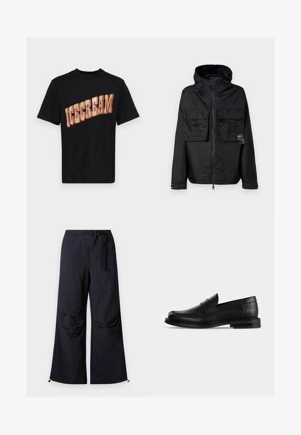 Zwarte zip-up jas met een capuchon, met twee voorzakken op de borst, een label op de linker zak en een gladde, glanzende textuur.; Zwarte katoenen t-shirt met een grote, gedurfde "ICECREAM" grafiek in geel en rood, met een tekstuur en patroonontwerp op de letters.; Zwarte wijde broek van lichtgewicht stof. Voorzien van een riem, twee grote zijzakken en verstelbare zoom met trekkoordsluitingen.; Zwarte leren heren penny loafer met lage gestapelde hak en afgeronde neus, zijaanzicht op lichte grijze achtergrond.