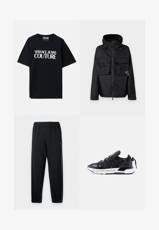 Zwarte zip-up jas met een capuchon, met twee voorzakken op de borst, een label op de linker zak en een gladde, glanzende textuur.; Zwarte katoenen t-shirt met korte mouwen, voorzien van grote witte tekst "VERSACE JEANS COUTURE" op de voorkant. Klassiek ontwerp met ronde hals.; Zwarte joggingbroek met een elastische tailleband, taps toelopende pijpen en een klein merklabel. Gemaakt van een zachte, lichtgewicht stof.; Zwarte atletieksneakers met een glad bovenwerk, vetersluiting, witte zool en de branding "Versace Jeans Couture" aan de zijkant.