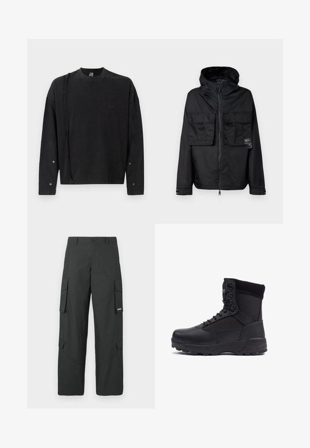 Zwarte zip-up jas met een capuchon, met twee voorzakken op de borst, een label op de linker zak en een gladde, glanzende textuur.; Zwarte sweatshirt met lange mouwen en ronde hals, voorzien van een subtiele logo aan de voorkant en drukknoopdetails op de mouwen, gemaakt van zachte stof.; Zwarte cargo broek met rechte pijpen, zijflapzakken, knoopsluiting, riemlussen en een klein wit logo op de flap van de rechterzak.; Zwarte tactical boot met een gladlederen bovenkant en stofpanelen, hoge enkelontwerp, vetersluiting aan de voorkant en robuuste rubberen zool.