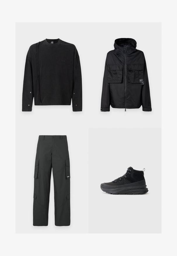 Sort zip-jakke med hætte, der har to frontlommer på brystet, et mærke på venstre lomme og en glat, blank overflade.; Sort langærmet sweatshirt med rund hals, der har et subtilt logo foran og trykknapdetaljer på ærmerne, lavet af blødt stof.; Sorte straight-leg cargo bukser med sidelommer med klap, knaplukning, bæltestropper og et lille hvidt logo på klappen af højre lomme.; Sort højtop sneakers lavet af tekstureret stof med gummisål, der har snørelukning, polstret krave og træksløjfe på hælen.