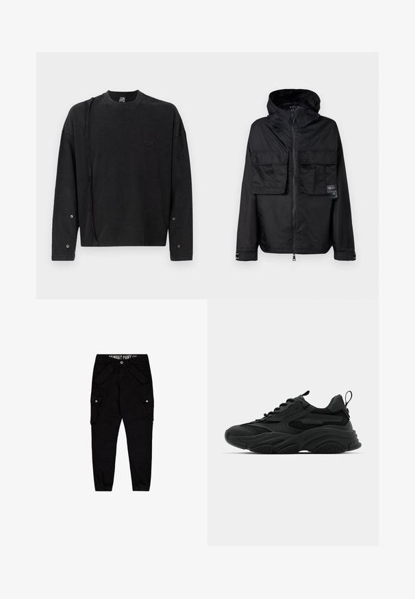 Schwarze Zip-Jacke mit Kapuze, ausgestattet mit zwei vorderen Brusttaschen, einem Label auf der linken Tasche und einer glatten, glänzenden Textur.; Schwarzer Pullover mit langen Ärmeln und Rundhalsausschnitt, mit einem dezenten Logo auf der Vorderseite und Druckknopfdetails an den Ärmeln, aus weichem Stoff gefertigt.; Schwarze Cargo-Hosen aus Baumwolle, mit mehreren Taschen, einer taillierten Passform und elastischen Bündchen an den Knöcheln.; Schwarze Sportschuhe mit einer dicken Sohle, Mesh-Einsätzen und Gummidetails. Verfügen über eine Zuglasche an der Ferse und strukturierte Muster.