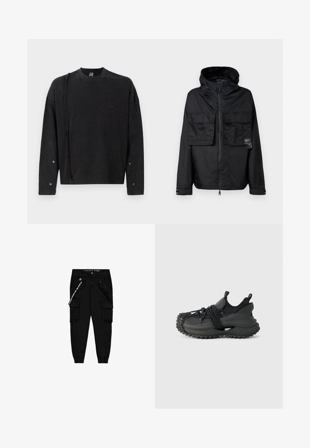 Cierna bunda na zips s kapucňou, s dvoma prednými vreckami na hrudi, etiketou na ľavom vrecku a hladkým, lesklým povrchom.; Čierny sweatshirt s dlhým rukávom a okrúhlym výstrihom, s jemným logom na prednej strane a patentkami na rukávoch, vyrobený z mäkkej tkaniny.; Čierne cargo nohavice vyrobené z ľahkej tkaniny, s dvoma bočnými vreckami, elastickým pásom a nastaviteľnými manžetami na členkoch.; Emporio Armani Tenisky - black
