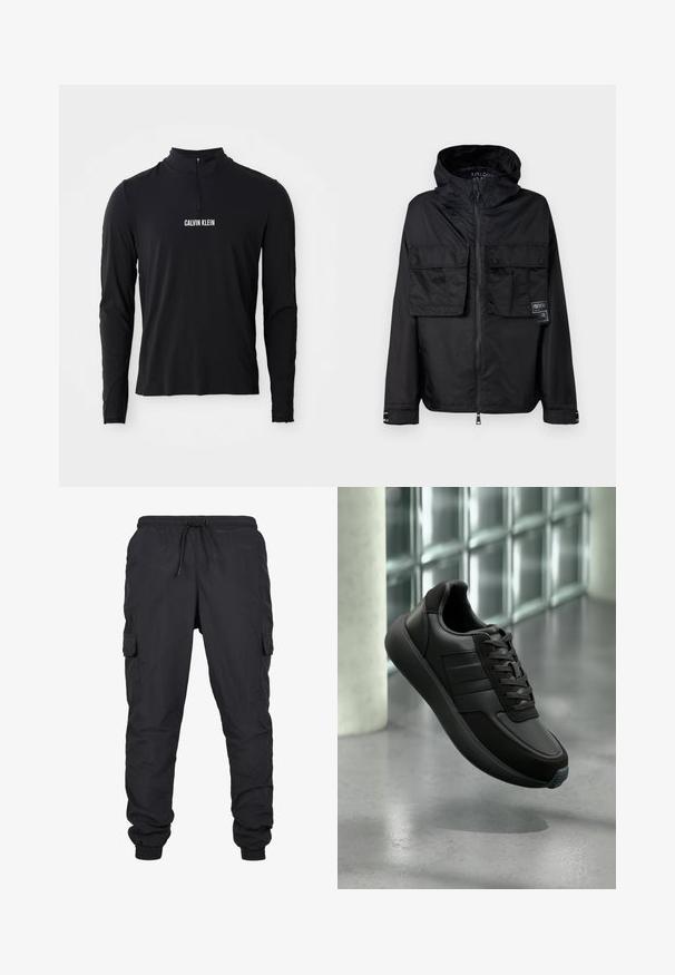 Zwarte zip-up jas met een capuchon, met twee voorzakken op de borst, een label op de linker zak en een gladde, glanzende textuur.; Zwarte langemouwen top met hoge kraag, voorzien van een kwart ritssluiting en het witte "CALVIN KLEIN" logo aan de voorkant. Soepele, elastische stof.; Zwarte cargobroek met een elastische tailleband en trekkoord, voorzien van zijzakken en geribbelde uiteinden. Gemaakt van lichtgewicht, duurzaam materiaal.; Zwarte leren sneaker met textuuraccenten, vetersluiting, ronde neus en een rubberen zool met een contrasterend blauwe detail.