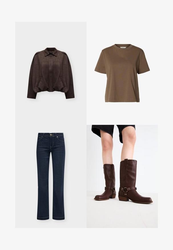 Mørkebrun cropped ruskindsjakke med lange ærmer, krave, forlommer og skjult lukning foran på ensfarvet baggrund.; Brun t-shirt med korte ærmer og rund hals lavet af ensfarvet stof med en afslappet pasform og minimale syninger.; Mørkeblå jeans med lige ben, fem lommer og knaplukning, vist fladt på en lys baggrund.; Brune læder knæhøje støvler med rund tå, struktureret overflade, ankelrem og sølvhardware detaljer; stablet hæl.