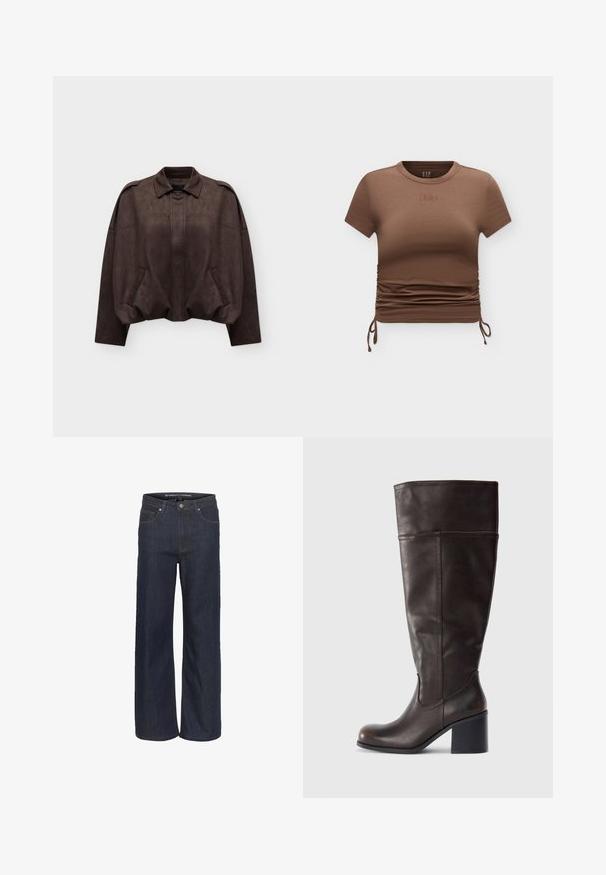 Mørkebrun cropped ruskindsjakke med lange ærmer, krave, forlommer og skjult lukning foran på ensfarvet baggrund.; Brun kortærmet crop-top med rynkede sider og justerbare snore, med præget GAP-logo på brystet.; Mørk denim brede bukser med høj talje, som har fem lommer, kontrastsyning og en rå kant nederst.; Brun læder knæhøj støvle med rund tå og stablet hæl. Har en glat tekstur og sidelægning som detalje.