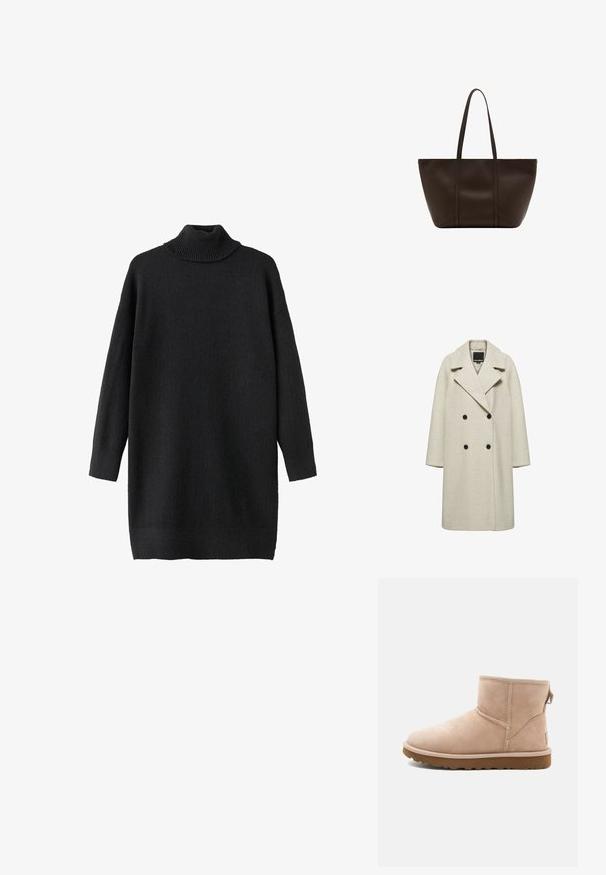 Long manteau en laine beige à double boutonnage avec larges revers et quatre boutons noirs, présenté sur un fond blanc uni.; Un pull à col roulé noir en doux tricot texturé. Il possède une coupe ample et des manches longues, avec des accents côtelés au col et à l'ourlet.; Bottine en daim beige à bout arrondi, avec des accents cousus et une semelle en caoutchouc brun texturé. Elle se distingue par une languette à l'arrière.; Grand sac cabas en cuir marron foncé avec deux longues anses, design simple, texture lisse et sans logo ou ornement visible.