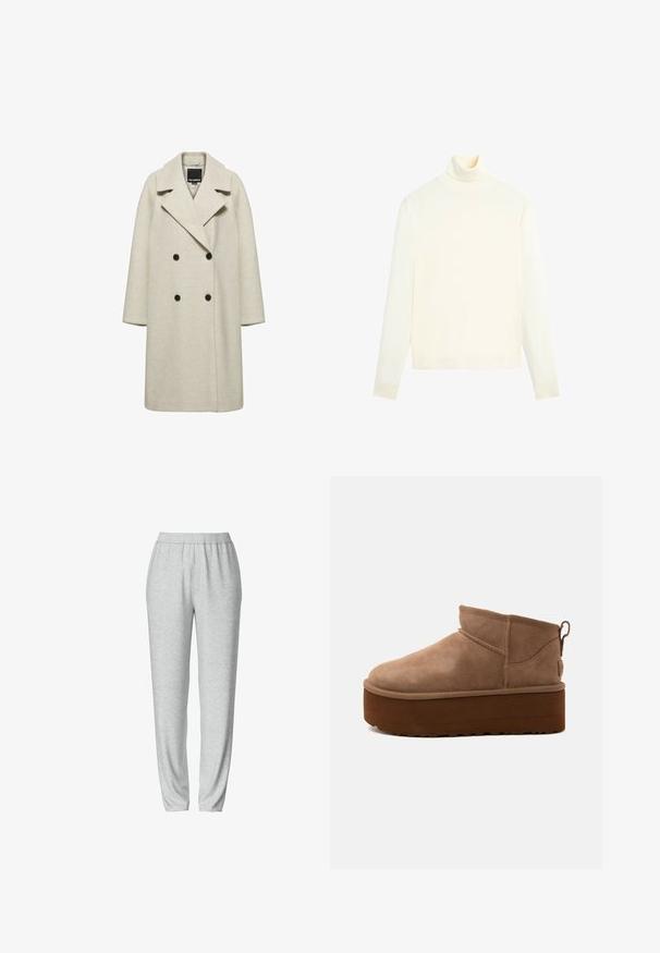 Lang beige dobbeltbrystet uldfrakke med brede revers og fire sorte knapper, vist på en ensfarvet hvid baggrund.; Langærmet cremefarvet rullekravesweater med glat tekstur og tætsiddende manchetter på hvid baggrund.; Grå sweatsbukser med elastisk talje, tætsiddende bendesign, blød tekstur og ingen synlige mønstre eller hardware detaljer.; Mellemstore brune ruskind slip-on støvler med tyk platformsål og trækflig bagpå mod lys baggrund.
