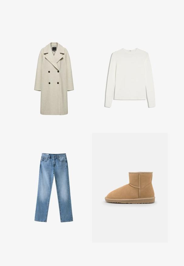 Lange beige wollen jas met dubbele knoopsluiting, brede revers en vier zwarte knopen, getoond op een effen witte achtergrond.; Effen wit shirt met lange mouwen en ronde hals, slim fit, plat gelegd op een witte achtergrond.; Blauwe straight-leg jeans met voorzakken en knoopsluiting, plat weergegeven op een witte achtergrond.; Tan nubuck enkellaars met een ronde neus en gewatteerde kraag, voorzien van contrasterende stiksels en een gestructureerde rubberen zool.