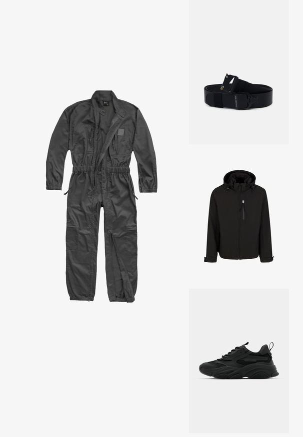 Veste noire zippée avec capuche, cordons de serrage réglables, poches latérales et un tissu lisse et texturé. Présente un design de col montant.; Combinaison noire à manches longues avec fermeture éclair frontale, taille et poignets élastiques, plusieurs poches zippées et col montant avec bouton-pression.; Baskets de sport noires avec une semelle épaisse, des panneaux en mesh et des accents en caoutchouc. Elles disposent d'une sangle de traction à l'arrière et de motifs texturés.; Ceinture en nylon noir avec une finition texturée, dotée d'une boucle en métal noir et d'accents dorés. Longueur réglable avec un logo sur la sangle.