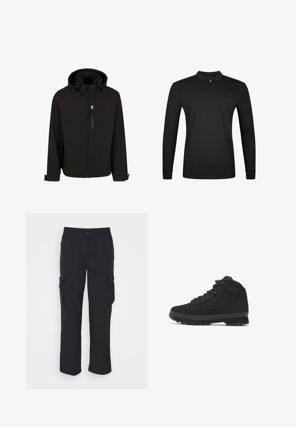 Sort hættetrøje med lynlås, justerbare snoretræk, sidelommer og et glat, struktureret stof. Har et ståkrave-design.; Sort langærmet poloshirt med krave og kort lynlås ved halsudskæringen, med en lille broderet logo på venstre bryst.; Sorte cargo-bukser lavet af vævet stof. Har justerbar talje, sidelommer og to værktøjslommer med lynlås.; Sorte mellemhøje vandrestøvler lavet af ruskind og nylon, med runde snørebånd, forstærkede kroge og en struktureret gummisål med mønstret slidbane.