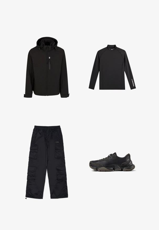 Zwarte ritsjack met een capuchon, verstelbare trekkoorden, zijzakken en een gladde, gestructureerde stof. Heeft een staande kraag ontwerp.; Zwart sporttopje met lange mouwen, opstaande kraag, slim fit en witte "J.Lindeberg"-logo op linkerarm en kraag.; Zwarte cargobroek met een elastische tailleband, meerdere zijzakken en ritsen bij de broekschoenen. Gemaakt van een gladde, lichte stof.; Zwarte sportieve sneaker met een gestructureerde zool, leren en suède bovenwerk, gevoerde kraag en vetersluiting, getoond in zijprofiel.