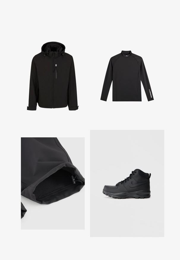 Schwarze Zip-Jacke mit Kapuze, verstellbaren Kordeln, seitlichen Taschen und einem glatten, strukturierten Gewebe. Verfügt über ein Stehkragen-Design.; Schwarzes Langarm-Sportoberteil mit Stehkragen, schlanker Passform und weißem "J.Lindeberg"-Logo am linken Ärmel und Kragen.; Schwarze Stoffhülse mit elastischem Bündchen, verfügt über eine glatte Textur und einen subtilen Glanz. Verstellbarer Kordelzug am Öffnungsrand für eine optimale Passform.; Schwarze High-Top-Sneaker mit einem glatten synthetischen Obermaterial, runder Zehenpartie, gepolstertem Schaft und strukturiertem Gummisohle. Verfügt über ein Schnürdesign und ein Logo-Element.
