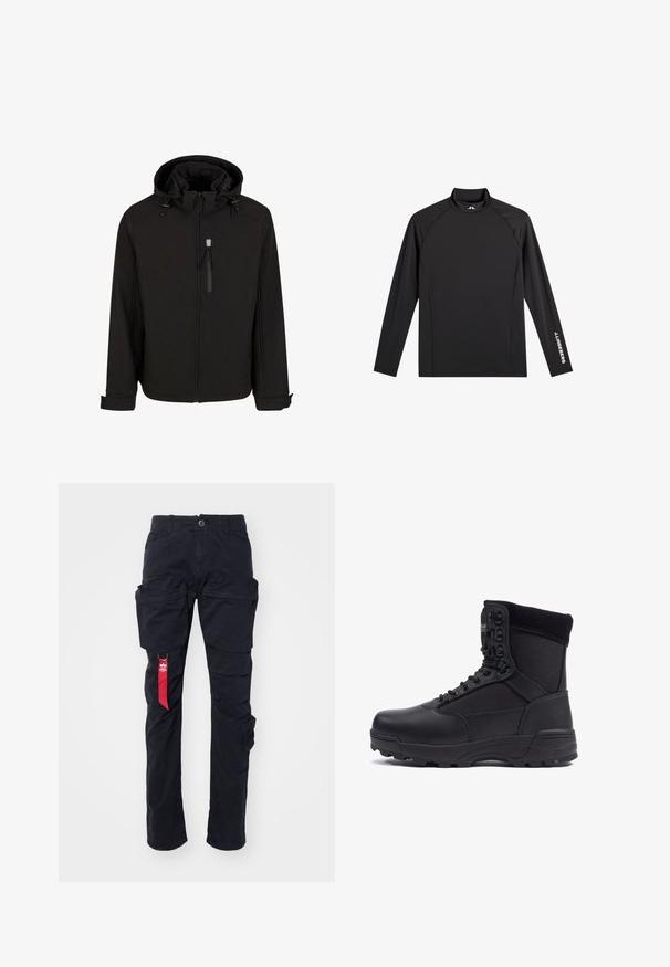 Chaqueta negra con cremallera y capucha, con cordones ajustables, bolsillos laterales y una tela suave y texturizada. Presenta un diseño de cuello alzado.; Camiseta negra deportiva de manga larga con cuello alto falso, corte ajustado y logo blanco "J.Lindeberg" en la manga izquierda y el cuello.; Pantalones cargo negros con múltiples bolsillos laterales, un pasador para cinturón y una etiqueta de tela roja en el lado izquierdo. Hechos de un material de algodón duradero.; Bota táctica negra con parte superior de piel lisa y paneles de tela, diseño de tobillo alto, cierre con cordones y suela de goma resistente.