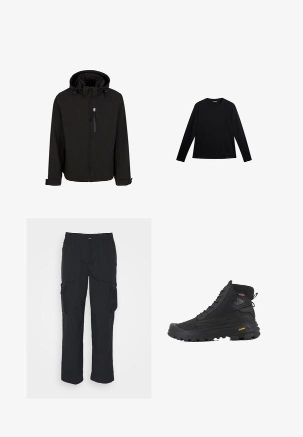Sort hættetrøje med lynlås, justerbare snoretræk, sidelommer og et glat, struktureret stof. Har et ståkrave-design.; Sort langærmet T-shirt lavet af glat stof, med rund hals og et diskret logo på fronten, i en afslappet pasform.; Sorte cargo-bukser lavet af vævet stof. Har justerbar talje, sidelommer og to værktøjslommer med lynlås.; Sorte høj-top støvler med en tekstureret overflade, der har et vandtæt design, snøresystem og en markant gummisål med Vibram-branding.