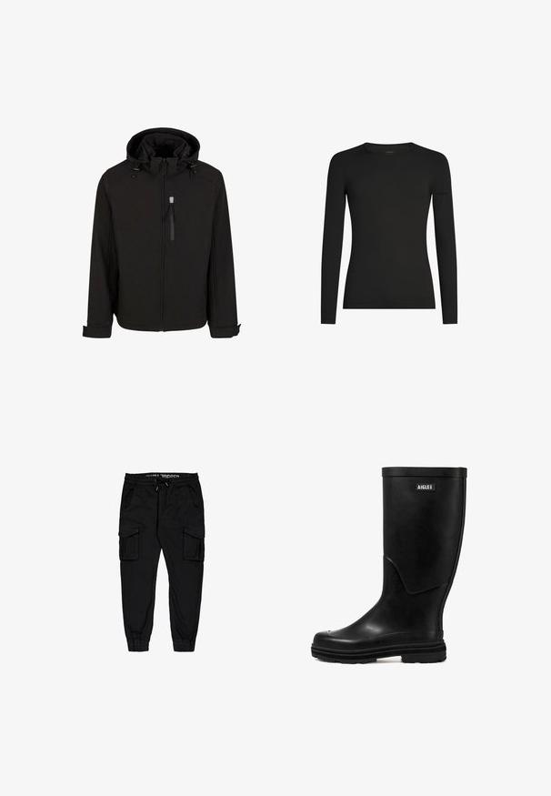 Schwarze Zip-Jacke mit Kapuze, verstellbaren Kordeln, seitlichen Taschen und einem glatten, strukturierten Gewebe. Verfügt über ein Stehkragen-Design.; Schwarzes, langärmeliges, figurbetontes T-Shirt mit Rundhalsausschnitt und dezentem Icebreaker-Logo auf dem linken Ärmel, dargestellt vor weißem Hintergrund.; Schwarze Cargo-Hosen aus leichtem Stoff, mit elastischem Bund, Kordelzug und mehreren Seitentaschen sowie schmal zulaufenden Bündchen.; Schwarzer Gummi-Regenstiefel mit glatter Textur, runder Zehenform und einem Logo-Patch. Verfügt über eine mittelhohe Schafthöhe und eine strukturierte Sohle für besseren Halt.