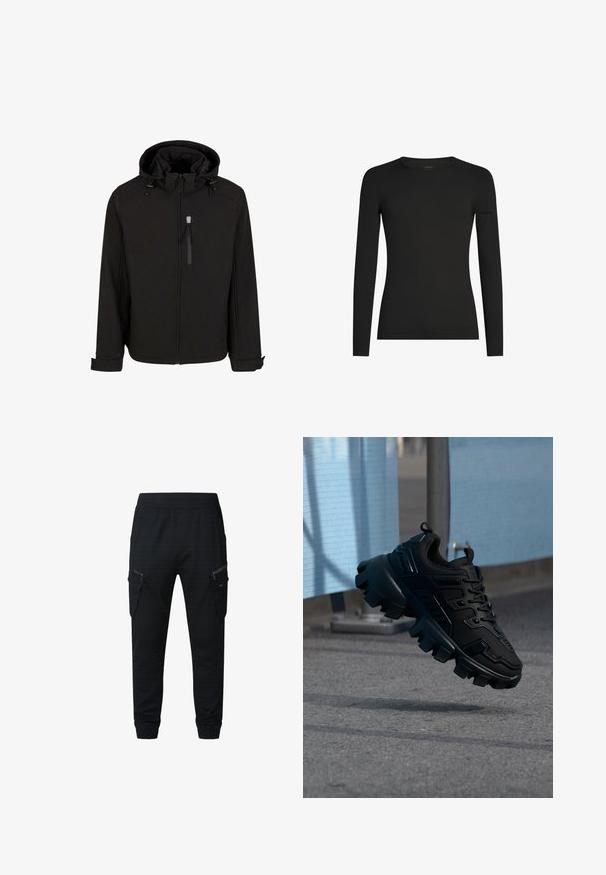 Sort hættetrøje med lynlås, justerbare snoretræk, sidelommer og et glat, struktureret stof. Har et ståkrave-design.; Sort, tætsiddende langærmet T-shirt med rund hals og et diskret Icebreaker-logo på venstre ærme, vist på en hvid baggrund.; Sorte cargobukser med en afslappet pasform, lavet af letvægtsstof. Har flere lynlåslommer og elastiske manchetter ved anklerne.; Sort chunky sneaker med tyk slidbane sål, der svæver over en grå fortov mod en sløret lyseblå og grå baggrund.