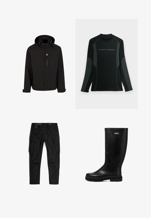Schwarze Zip-Jacke mit Kapuze, verstellbaren Kordeln, seitlichen Taschen und einem glatten, strukturierten Gewebe. Verfügt über ein Stehkragen-Design.; Schwarzes langärmliges Shirt mit hohem Kragen, aus strukturiertem Stoff. Hat graue Seitenpanels und das "NIKE TECH"-Logo auf der Brust.; G-STAR TOOLBOX - Cargohose - dk black; Schwarzer Gummi-Regenstiefel mit glatter Textur, runder Zehenform und einem Logo-Patch. Verfügt über eine mittelhohe Schafthöhe und eine strukturierte Sohle für besseren Halt.