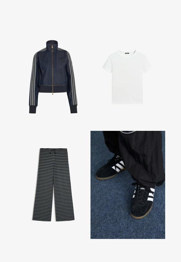Veste en denim bleu foncé zippée avec col haut, poignets côtelés et trois bandes grises courant le long de chaque manche.; T-shirt blanc uni à manches courtes avec un col rond et une petite étiquette noire à l’intérieur du col.; Pantalon à jambes larges avec des rayures horizontales noires et grises et un cordon noir à la taille sur fond blanc.; Des chaussures de sport en suède noir avec trois rayures blanches et des lacets noirs. Un pantalon noir texturé est partiellement visible à côté des chaussures.