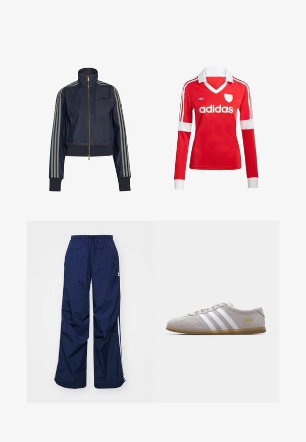 Dunkelblaue Denim-Jacke mit Reißverschluss, hohem Kragen, gerippten Bündchen und drei grauen Streifen an jedem Ärmel.; Rotes Fußballtrikot mit langen Ärmeln, weißem Kragen und weißen Ärmelbündchen. Es hat drei weiße Streifen auf den Schultern und das "adidas"-Logo ist auffällig platziert.; Navyblaue, leichte Hosen mit elastischem Bund und Kordelzug, versehen mit weißen Seitenstreifen und einem kleinen Logo vorne. Locker geschnittenes Design.; Graue Wildleder-Sneaker mit weißen Lederstreifen und goldenen Logodetails. Flache Gummisohle, abgerundete Zehenpartie und klassisches Schnürverschlussdesign.