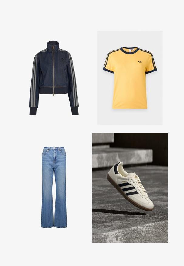 Chaqueta vaquera azul oscuro con cremallera, cuello alto, puños acanalados y tres rayas grises que recorren cada manga.; Camiseta amarilla de manga corta de Adidas con cuello azul marino, puños en las mangas, rayas en los hombros y pequeño logo negro de Adidas en el pecho izquierdo.; Jeans azules de talle alto y acampanados con una textura de mezclilla clásica, que cuentan con cinco bolsillos y cierre con cremallera. Diseño minimalista y detalles de costura.; Zapatilla blanca Adidas Samba con franjas negras y suela de goma, flotando sobre escalones de hormigón gris texturizado.