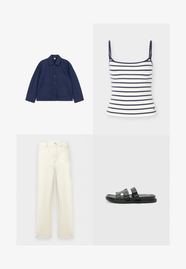 Veste bleu marine boutonnée, manches longues, deux poches plaquées devant et col classique, posée à plat sur fond blanc.; Débardeur blanc avec rayures horizontales bleu marine et fines bretelles ajustables sur un fond clair.; Pantalon droit de couleur blanc cassé avec poches avant, fermeture à boutons et passants pour ceinture, présenté sur un fond clair uni.; Sandales à glissière en cuir noir avec deux larges sangles, design ouvert à l'avant et semelle plate. Style minimaliste avec des détails cousus sur la semelle.