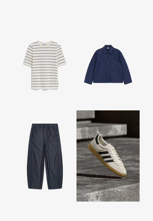 Marineblauwe jas met knopen, lange mouwen, twee voorzakken en een klassieke kraag, plat gelegd op een witte achtergrond.; Gestreepte T-shirt met korte mouwen in crème met donkere marineblauwe horizontale strepen, met een ronde hals en een klein merklabel aan de zijkant.; Donkerblauwe broek met wijde pijpen, steekzakken aan de voorkant, riemlussen, knoop- en ritssluiting, plat neergelegd op een witte achtergrond.; Witte Adidas Spezial sneaker met zwarte strepen en gumzool, zwevend boven grijze stenen trappen buiten.