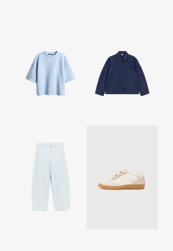 Marineblaue Jacke mit langen Ärmeln, zwei aufgesetzten Fronttaschen und klassischem Kragen, flach auf weißem Hintergrund liegend.; Hellesblaues, übergroßes T-Shirt aus strukturiertem Stoff mit Rundhalsausschnitt und kurzen Ärmeln. Es verfügt über einen lockeren Schnitt und ein minimales Design.; Hellblaue, hochtaillierte, weit geschnittene Hose mit Vordertaschen, Gürtelschlaufen und einem Knopfverschluss.; Sneaker aus weißem und beigem Leder mit Wildlederakzenten, runder Spitze, drei Klettverschlussbändern und einer Sohle aus Gummi.